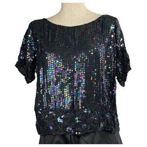 Vintage Sequin Embellished Silk Short Sleeve Blouse - Black, Size Large